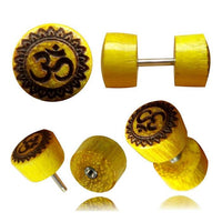 Cargar imagen en el visor de la galería, Fake Plug Jackfrucht Holz Symbol Piercing Edelstahl hell braun Om Vegvisir Stern
