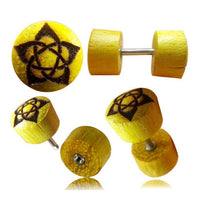 Cargar imagen en el visor de la galería, Fake Plug Jackfrucht Holz Symbol Piercing Edelstahl hell braun Om Vegvisir Stern
