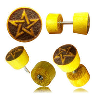 Cargar imagen en el visor de la galería, Fake Plug Jackfrucht Holz Symbol Piercing Edelstahl hell braun Om Vegvisir Stern
