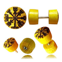 Cargar imagen en el visor de la galería, Fake Plug Jackfrucht Holz Symbol Piercing Edelstahl hell braun Om Vegvisir Stern
