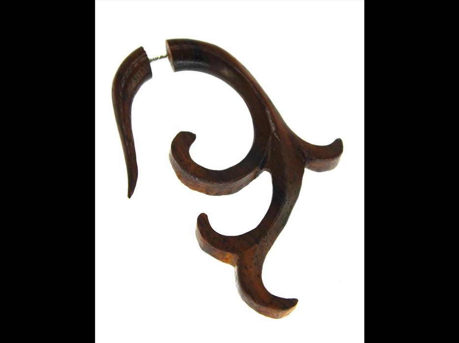 Fake Piercing Ohrring Schnörkel 63mm Holz Edelstahl