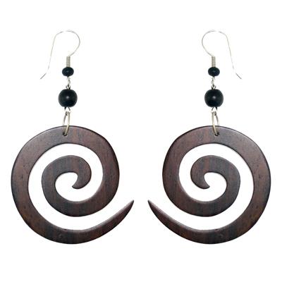 Tribal Ohrringe Sono Holz Spirale Edelstahl braun Perlen schwarz Ohrstecker Ohrhänger