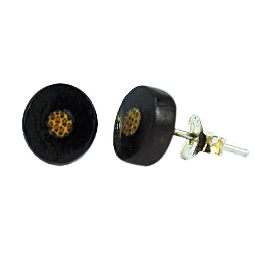 Kokosnuss-Ohrstecker mit Gepardenmuster, rund, 7mmØ, Dunkelbraun, 925er Sterlingsilber-Stift