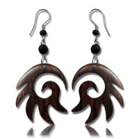 Cargar imagen en el visor de la galería, Tribal Ohrringe Zacken Spirale Narra Holz Edelstahl braun Perlen schwarz Ohrhänger nickelfrei
