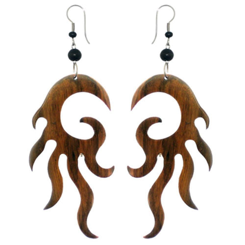 Tribal Ohrringe aus Sono Holz, Spirale mit Flammen, Edelstahlbügel, Ohrstecker, Ohrhänger