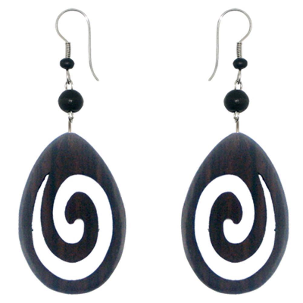 Tribal Ohrringe aus Sono Holz, tropfenförmige Spirale, Edelstahlbügel, Ohrstecker, Ohrhänger