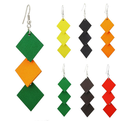 Holzohrringe Rauten lang 70 mm Tribal Ohrringe Holz bunt Edelstahl Ohrhänger Organic