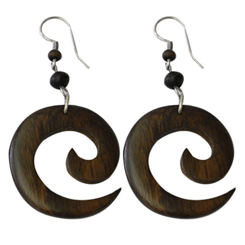 Tribal Ohrringe aus Sono Holz, Spirale, Edelstahlbügel, Ohrstecker, Ohrhänger