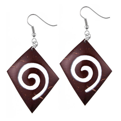 Holzohrringe braun Spirale Raute 45 mm Tribal Ohrringe Kokos Holz Edelstahl Ohrhänger Organic