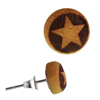 Load image into Gallery viewer, Holz Ohrstecker Stern Sterlingsilber 925er Kreis 8 mm Lasergravur golden
