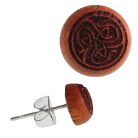 Load image into Gallery viewer, Holz Ohrstecker Triqueta Faden Sterlingsilber 925er Kreis 8 mm Lasergravur golden
