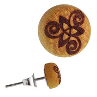 Load image into Gallery viewer, Holz Ohrstecker Triqueta Triskele Sterlingsilber 925er 8 mm Lasergravur golden
