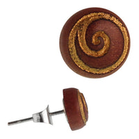 Cargar imagen en el visor de la galería, Holz Ohrstecker Spirale Kreis Sterlingsilber 925er rund 8 mm Lasergravur golden
