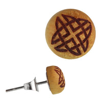 Cargar imagen en el visor de la galería, Holz Ohrstecker keltisch Knoten Sterlingsilber 925er rund 8 mm Lasergravur golden

