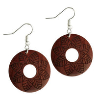 Load image into Gallery viewer, Ohrringe Sawoholz rund Edelstahl Silber Bügel dunkle Gravur
