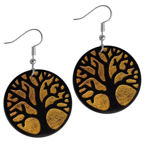 Ohrringe Holz rund Edelstahl Silber gold Gravur leicht Om Blume Baum