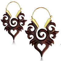 Load image into Gallery viewer, Ohrringe Holz Brass Bügel golden braun dunkelbraun Perlmutt Ohrhänger Schmuck
