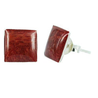 Load image into Gallery viewer, A pair of Koralle Ohrstecker Bambookoralle quadratisch with red bamboo coral set in 925er Sterling Silber, shown from the front and side against a white background.
