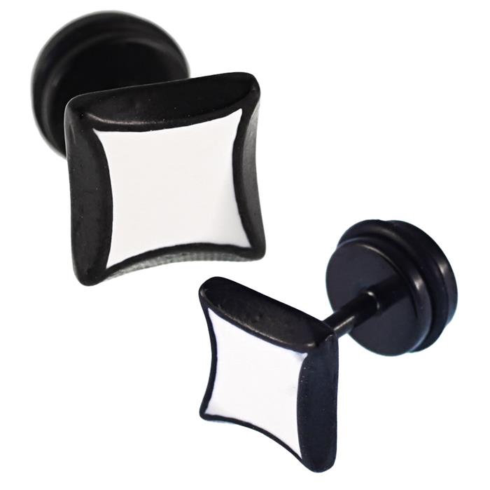 Fake Piercing Expander schwarz Quadrat mit weißem Quadrat Schaubverschluss Edelstahl