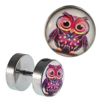 Load image into Gallery viewer, Fake Piercing Plug Edelstahl Eule bunt große Kulleraugen 10 mm
