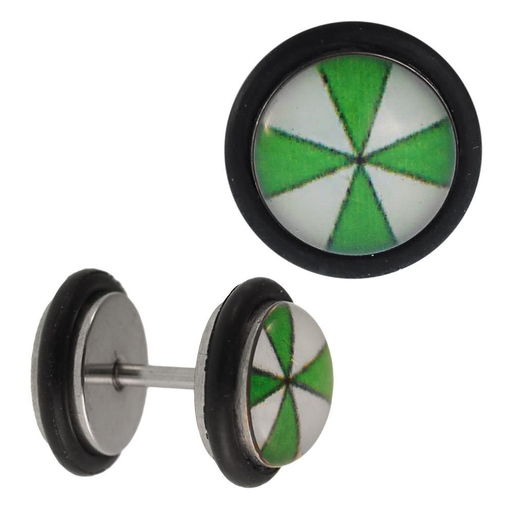 Fake Piercing Plug Edelstahl Dreiecke grün weiß im Wechsel Gummiring 7 mm