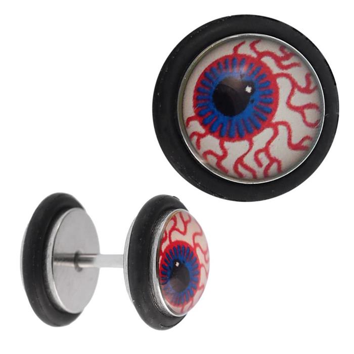 Fake Piercing Plug Edelstahl Auge blau rote Adern schwarz Gummiring 7 mm