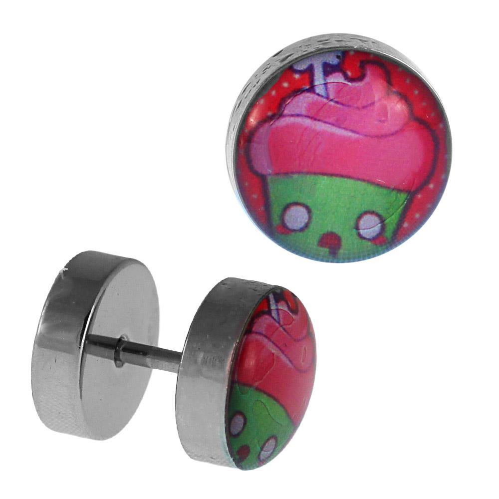 Fake Piercing Plug Edelstahl Cupcake pink grün mit Augen 10 mm