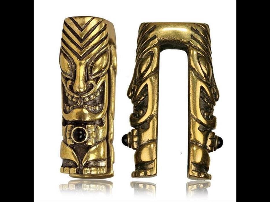 Ohrgewichte Piercing Tiki Skulptur U-Form Brass antik golden Onyx 28 g