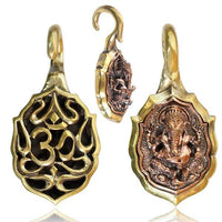 Load image into Gallery viewer, Ohrgewichte Piercing Ganesha Om Brass antik golden Kupfer Inlay rotgolden 20 g
