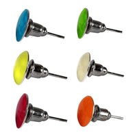Load image into Gallery viewer, Six vibrant, round, convex neon acrylic unisex Ohrstecker pins with stainless steel, nickel-free bases in blue, green, yellow, white, red, and orange are arranged in two rows on a white background.
