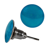 Load image into Gallery viewer, A pair of neon round convex Unisex Ohrstecker made of Acryl, each with nickelfree Edelstahl pins—one earring is shown from the front and one from the side.
