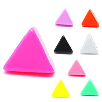 Load image into Gallery viewer, Eight colorful 6mm acrylic triangles—pink, purple, orange, black, white, light pink, yellow, and green—are arranged on a white background, ideal for unique designs with the Ohrstecker Dreieck dick bunt Unisex Ohrringe (Edelstahl, nickelfrei).
