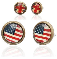 Load image into Gallery viewer, A set of two pairs of nickelfrei Brass Ohrstecker: one pair with the British flag, the other with the American flag and colorful stars, both set in bronze-colored metal, 12 mm, unisex, and made from stainless steel.
