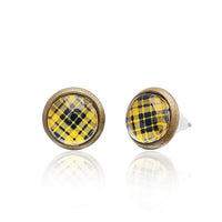 Load image into Gallery viewer, A pair of 12 mm brass Ohrstecker, these unisex stud earrings feature a colorful star pattern under a glossy dome. Made from nickel-free stainless steel, the round design is displayed on a white background with a subtle reflection beneath.

