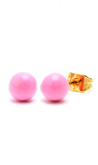 Load image into Gallery viewer, A pair of 5mm pink Emaille Perle Kugel stud earrings with gold Brass Ohrstecker posts, made from nickelfrei Messing for comfort, shown on a white background.
