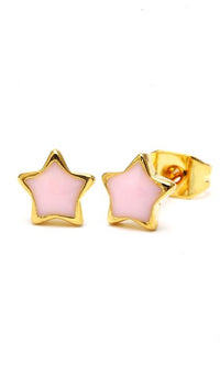 Load image into Gallery viewer, A pair of Brass Ohrstecker Stern 6 mm in gold, featuring colorful enamel centers and made of nickel-free Messing, is displayed on a white background.
