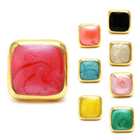 Load image into Gallery viewer, Seven star-shaped, multicolored Brass Ohrstecker (12mm) unisex earrings—red, black, white, teal, pink, yellow, green—each with a gold border, stainless steel, nickel-free, displayed against a white background.
