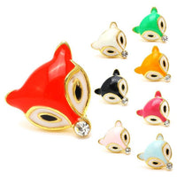 Load image into Gallery viewer, Eight vibrant, fox head-shaped Brass Ohrstecker Fuchs Kristall (12 mm), made of colorful faceted gold enamel, nickel-free brass. Available in red, white, green, orange, black, yellow, pink, and light blue. The red fox design stands out most.

