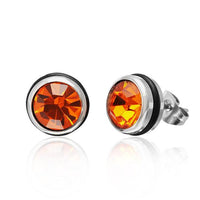 Cargar imagen en el visor de la galería, A pair of CHICNET Brass Ohrstecker silber Gummi with 10mm round orange Glaskristall gemstones is displayed on a white background, each earring featuring faceted stones set in silver-toned, nickelfrei metal.
