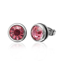 Cargar imagen en el visor de la galería, The CHICNET Brass Ohrstecker silber Gummi Glaskristall 10mm rund are silver stud earrings with round, faceted pink glass crystals, displayed on a white background with a subtle reflection.
