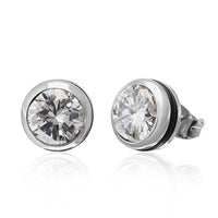 Cargar imagen en el visor de la galería, The CHICNET Brass Ohrstecker silber Gummi Glaskristall 10mm rund earrings feature large, round clear glass crystals set in shiny, nickel-free silver, shown against a white background.
