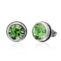 Cargar imagen en el visor de la galería, The CHICNET Brass Ohrstecker silber Gummi Glaskristall 10mm rund are elegant, round brass studs featuring faceted green glass crystals in a silver-toned, nickel-free bezel setting with a sparkling finish.
