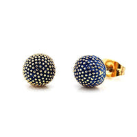 Load image into Gallery viewer, A pair of 18 karat gold-plated copper half-sphere stud earrings with blue, turquoise, and pink enamel, gold dotted texture, and nickel-free secure posts and backings.
