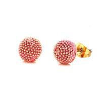 Load image into Gallery viewer, A pair of round stud earrings made from 18 karat gold-plated copper with a pink enamel finish, textured with small gold dots, blue and turquoise accents, and nickel-free half-sphere design, secured by gold-plated posts.
