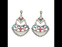 Cargar imagen en el visor de la galería, Brass bunt golden Ohrstecker 60 mm Steine facettiert Raute Tropfen zweiteilig
