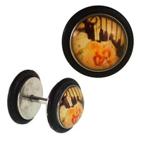 Load image into Gallery viewer, Fake Piercing Plug Edelstahl Klavier mit rose orange schwarz Gummiring 7 mm
