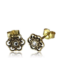 Load image into Gallery viewer, Messing Blume Ohrstecker antik golden Stein Inlay Punkte Bögen
