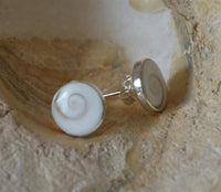 Load image into Gallery viewer, A pair of Ohstecker Shiva Auge rund 925 Silber (6mm, 10mm, 12mm) with white swirl shell and silver edges, displayed on a textured stone surface.
