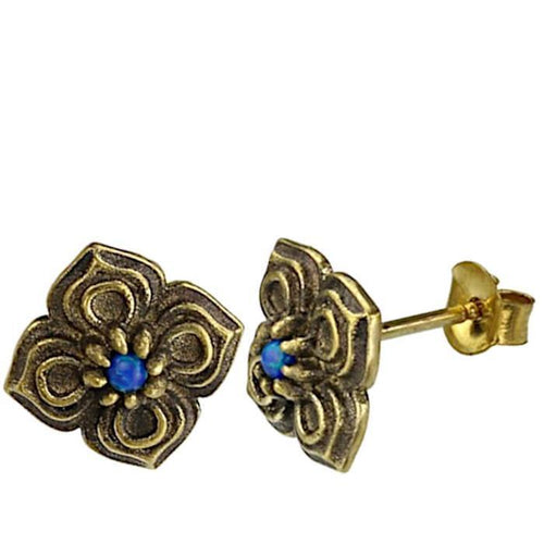 Messing Stein Kristall Ohrstecker gold Blume antik 10mm