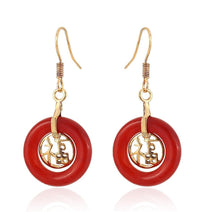 Load image into Gallery viewer, These Brass Ohrringe Ohrhänger for Damen feature round red Katzenauge hoops accented with detailed gold cut-out designs, all nickel-free for comfortable wear.
